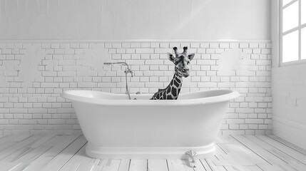 Sticker - A surreal scene featuring a giraffe in a bathtub, creating an unusual and whimsical atmosphere.