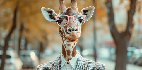 Poster - A giraffe wearing glasses and a suit stands confidently on a city street surrounded by autumn foliage.