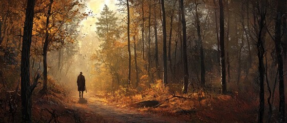 Wall Mural - Solitary Figure Walking Through a Misty Forest Path in Autumn