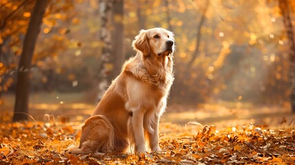 Sticker - A golden retriever sitting gracefully in a sunlit autumn forest surrounded by fallen leaves.