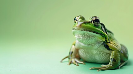 Wall Mural - A close-up of a green frog on a soft green background, showcasing its features and textures.