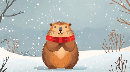 Canvas Print - A cheerful cartoon beaver wearing a red scarf stands in a snowy landscape, surrounded by falling snowflakes.