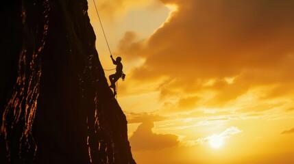 Climber is climbing a steep cliff at sunset