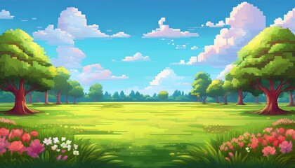 Wall Mural - Pixel Art Park Background - pixelated game background showing a park-like setting with trees an clouds. Game design asset. Graphic art 8 bit illustration poster