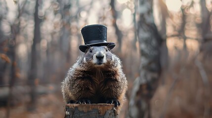 Poster - A charming groundhog wearing a top hat, posed on a log in a serene forest setting.