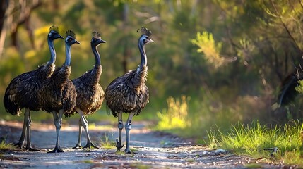 Wall Mural - A group of four emus walking along a forest path in a natural setting.