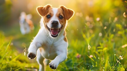 Poster - A joyful dog running through a sunlit grassy field.