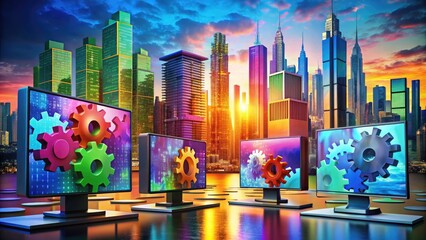 Vibrant digital illustration of colorful computer screens, puzzle pieces, and gears merging into a futuristic cityscape, representing innovative technology and online shopping excitement.