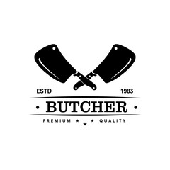 Vintage Retro Crossed cleavers for Butcher shop label logo Design