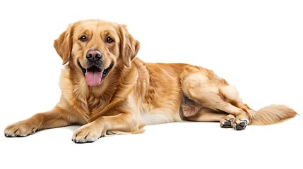 Poster - A friendly golden retriever lying down with a happy expression.