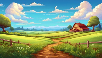 Wall Mural - Pixel Art Farm Field - Pixelated game background showcasing a farm field with lush grass ground. Game design asset. Graphic art 8 bit illustration. Ai Generated