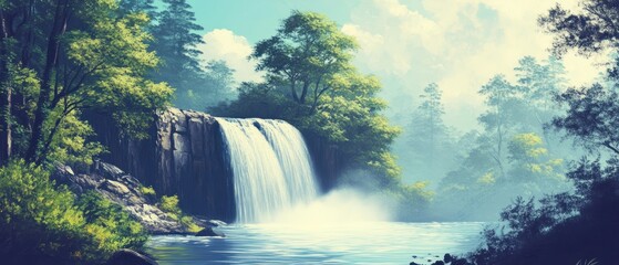 Poster - Majestic Waterfall Cascading Down a Rocky Cliffside in a Verdant Forest