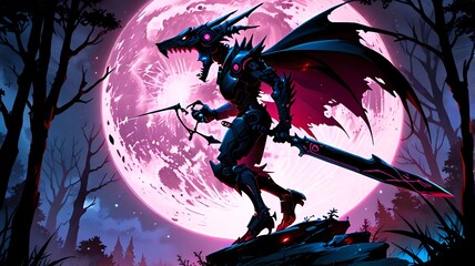 Sticker - Cybernetic Wolf Warrior Under Crimson Moon