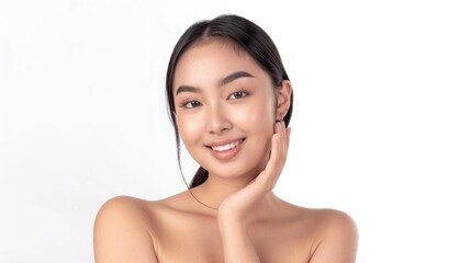 A close-up portrait of a smiling asian woman with flawless skin, showcasing her natural beauty and radiant health