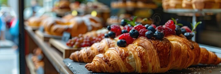 Poster - Assorted Pastries with Fresh Berries Showcased in a Bakery Display Savor a Warm Almond Croissant in a Cozy Caf� Ambiance of a Quaint Italian Eatery