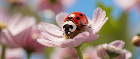 Wall Mural - Ladybug Perched on a Delicate Pink Flower