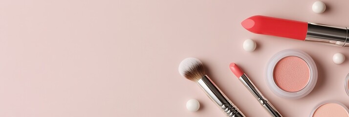 Aufkleber - A stylish layout features various cosmetic products like lipstick and brushes on a soft light background, perfect for beauty enthusiasts. Generative AI