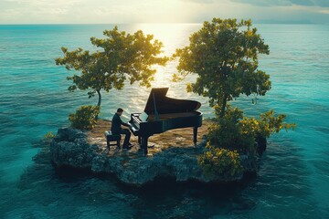 Pianist playing a grand piano on a small island surrounded by calm turquoise ocean at sunset