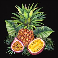 Wall Mural - tropical fruit with monstera leaves 