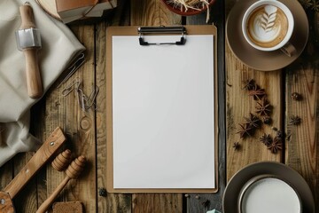 Poster - A wooden desk with a clipboard and a cup of coffee, perfect for working or studying