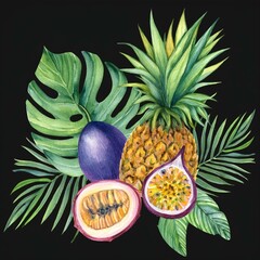 Wall Mural - tropical fruit with monstera leaves 