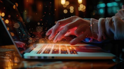 Wall Mural - A person sits at a desk and types away on their laptop, focused on their work