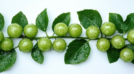 Green Fruit and Leaves Covered in Dew Drops