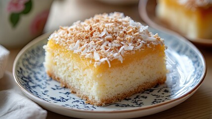 Wall Mural - A delicious Thai sponge cake topped with a light layer of coconut flakes, served on a ceramic plate, highlighting its delicate, fluffy texture