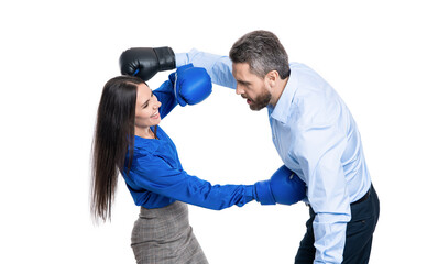 Wall Mural - arguing in business office. argument between colleagues. business conflict. businesspeople in boxing gloves isolated on white. two businesspeople solving business conflict. bad contract