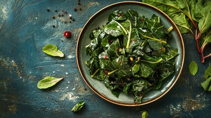 A flat lay of organic collard greens sautaed with ginger and pepper, arranged on a rustic plate, highlighting the fresh, homemade quality of this nutritious dish,