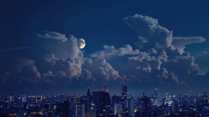 Wall Mural - moon in the clouds looks like a dragonâ€™s eye over the Bangkok city 