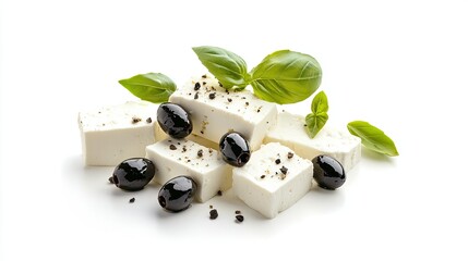 A simple yet elegant arrangement of feta cheese slices with olives and basil, isolated on a white background to emphasize their natural colors and textures