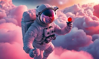 Wall Mural - Astronaut Floating in Dreamlike Pink Clouds with ai generated.
