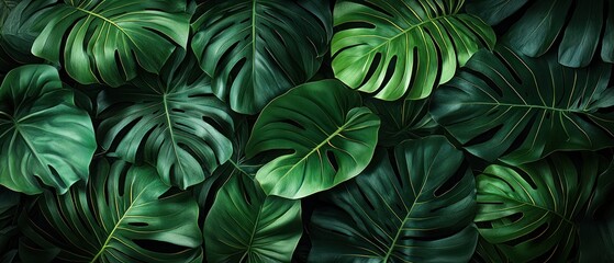 Wall Mural - Lush Green Monstera Deliciosa Leaves with Veins and Holes