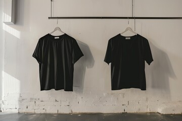 Sticker - Two black shirts hung on a white wall, simple and minimalist