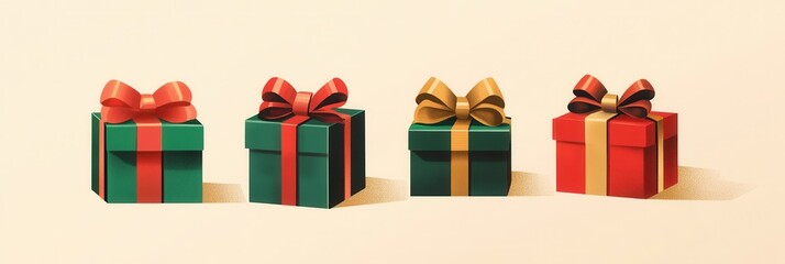 Poster - Brightly wrapped minimalist Christmas gift boxes arranged neatly in geometric shapes, ready for holiday giving and decorating. Generative AI
