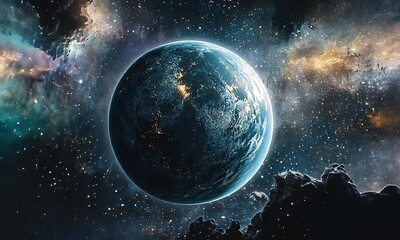 Wall Mural - Earth-like planet in deep space with nebula with ai generated.
