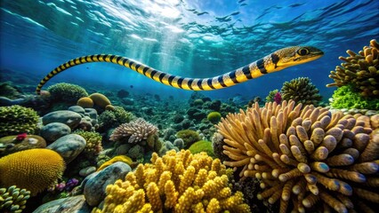 Vibrant yellow and black banded sea snake swims through coral reef, its slender body undulating as it explores the ocean floor's colorful marine landscape.