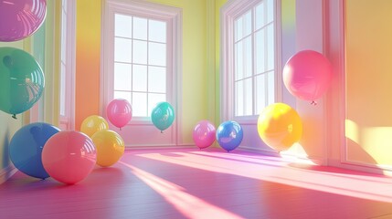 Bright and joyful 3D rendering of a room filled with colorful balloons, their light shadows dancing across the walls and floor.