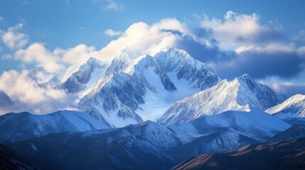 Canvas Print - Snow-capped Mountain Range Under a Blue Sky with Clouds