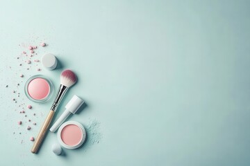 Fototapete - A minimalist arrangement features a lipstick, makeup brushes, and powder neatly placed on a soft pastel surface, showcasing beauty essentials. Generative AI