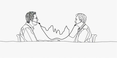 Line art illustration of two people connected by a line, symbolizing communication.