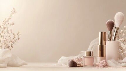 Leinwandbilder - A delicate arrangement features a lipstick, makeup brushes, and powder set against a light, calming background for a serene beauty look. Generative AI