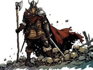 Viking Warrior Standing Over Skulls with Axe and Sword