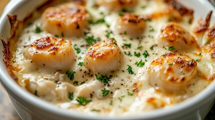 Close-up of a scallop cream gratin bubbling with a creamy sauce and melted cheese, served in a white dish with a sprinkle of fresh parsley, a perfect seafood delight