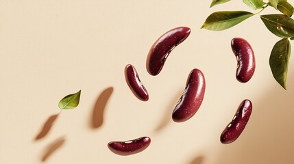 Wall Mural - Flying Kidney Beans on a creamy brown background, showcasing fruit and vegetables levitating