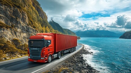 Wall Mural - A vibrant red truck driving along a scenic coastal road with mountain cliffs on one side and a vast, calm sea on the other, under a partly cloudy sky