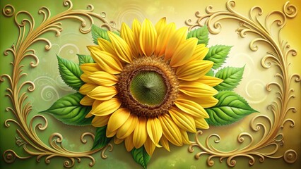 Wall Mural - Whimsical vintage-style illustration of a bright yellow sunflower with delicate petals and intricate details, surrounded by lush greenery and elegant curlicue borders.