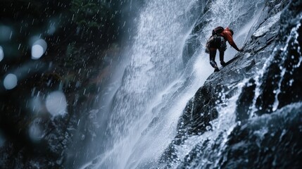 Alpinist climbing waterfall on wet rock face in the rain