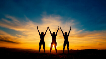 Silhouettes of three women celebrating against a vibrant sunset backdrop, embodying joy, freedom, and empowerment.